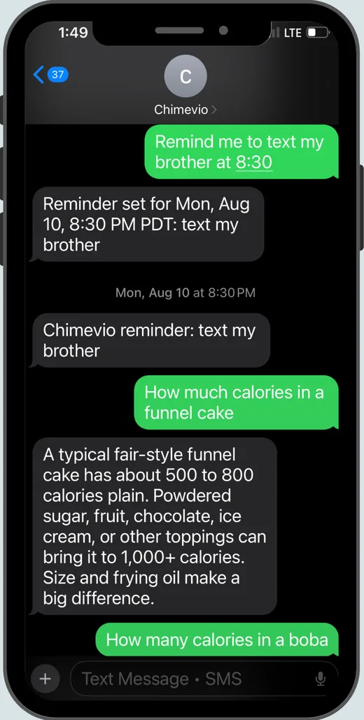 A real text conversation with Chimevio setting a reminder and answering a question